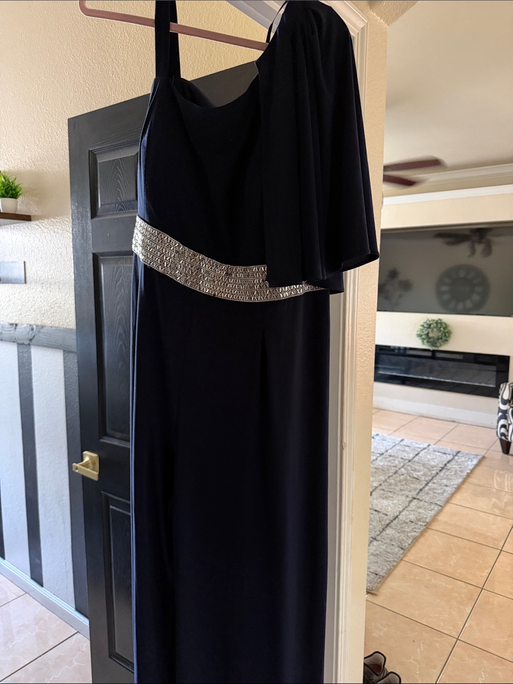 Roz & Ali Navy One-Shoulder Evening Gown with Silver Embellished Waist